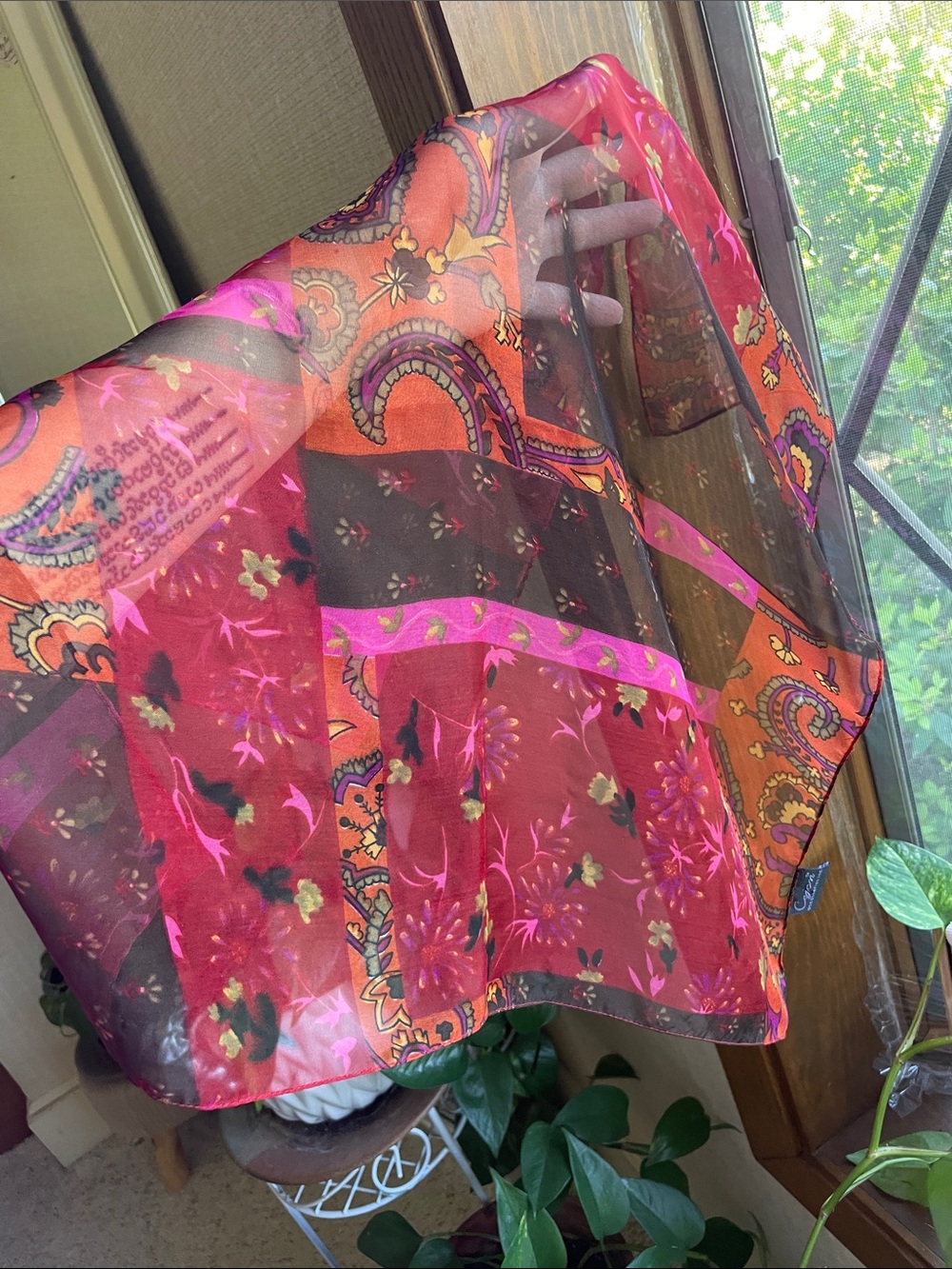Sheer Floral Paisley Square Scarf in Burgundy and Pink